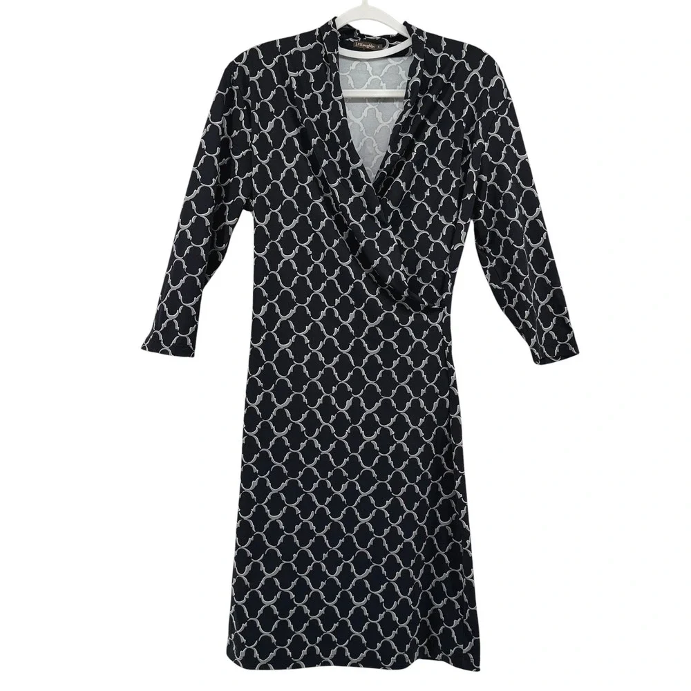 J. McLaughlin Black White Geometric Faux Wrap Dress Womens Small 3/4 Sleeve